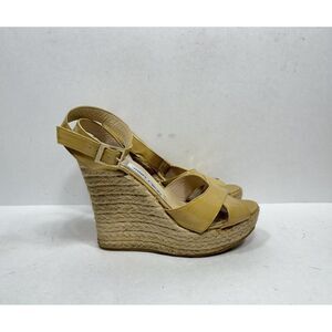 Jimmy Choo Italy Beige Leather Open Toe Wedge‎ Espadrille Womens Size 7 US Heels